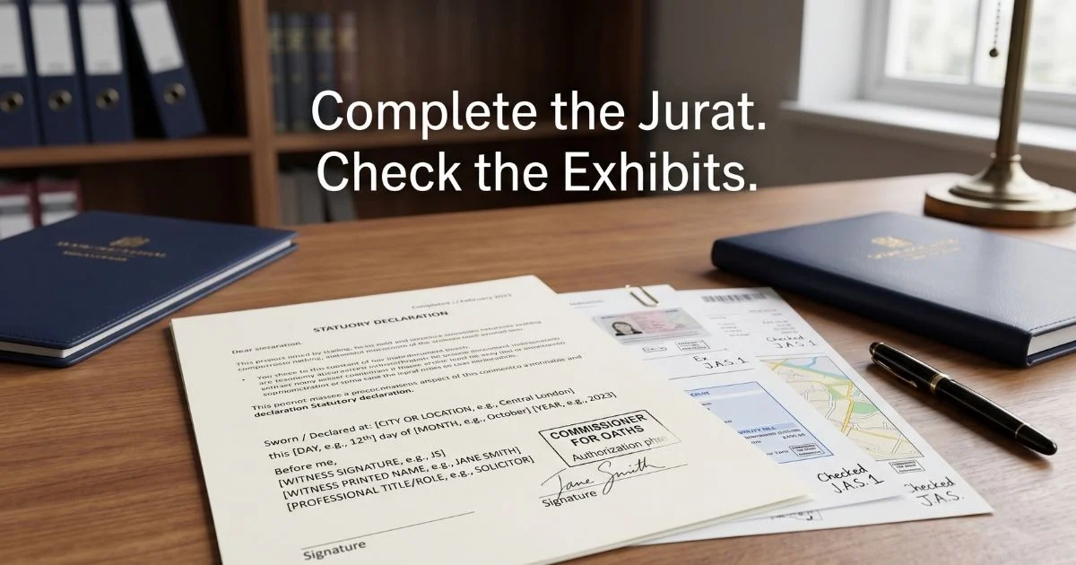 Statutory declaration jurat and supporting exhibits completed by witness