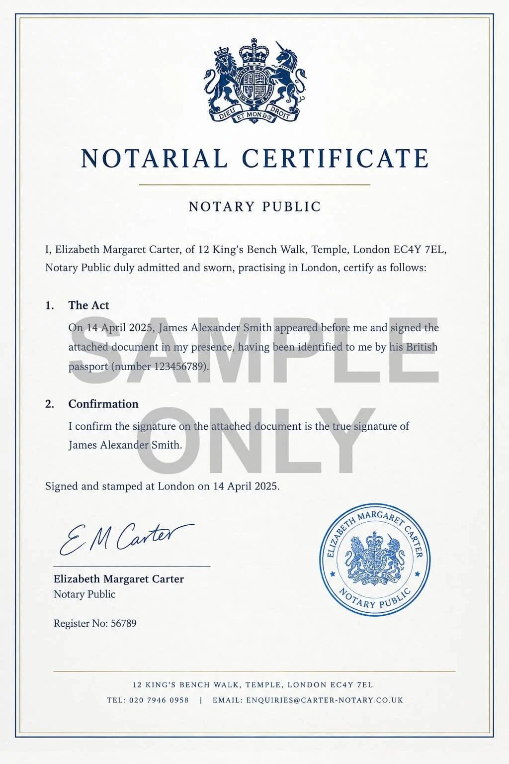 UK-notarial-certificate-format-example Example UK notarial certificate showing a witnessed signature, notary signature, stamp, and register number