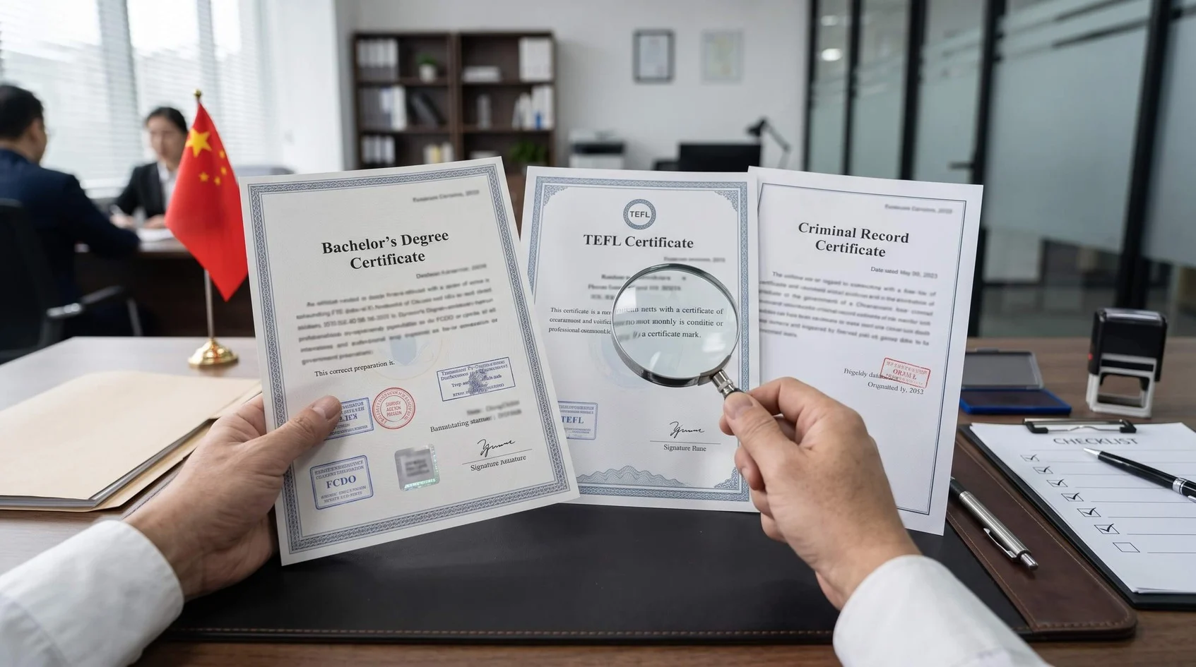 Documents being checked for a teaching English in China work permit