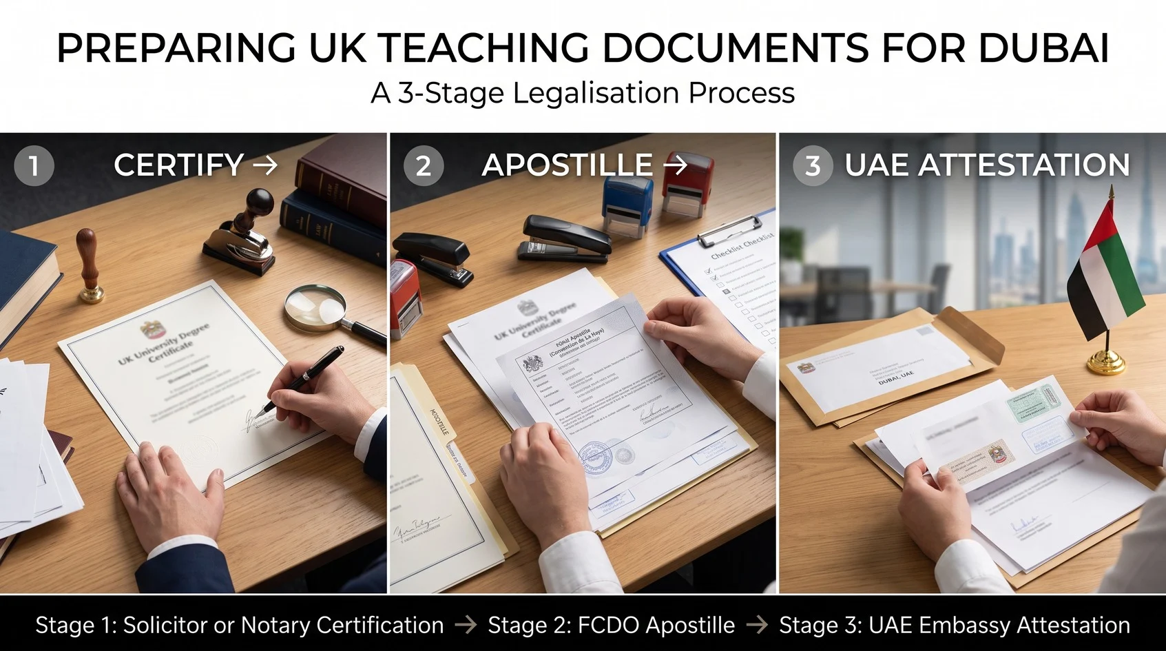 UK teaching document UAE attestation process UK teaching document undergoing solicitor certification, apostille and UAE embassy attestation