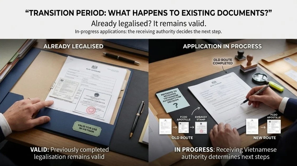 Vietnam Apostille Transition Period for UK Documents UK documents showing valid completed legalisation and in-progress applications during Vietnam’s apostille transition